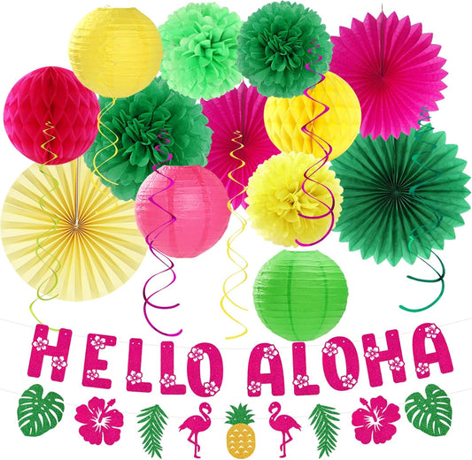 Hawaiian Aloha-Luau Flamingo Party-Decorations Supplies - 21pcs Hello Banner,Pool Paper Lanterns Honeycomb,Beach Theme Streamers Garland,Tissue Pom Poms Flowers Fan,Tropical Summer Tiki Decor Burgleda