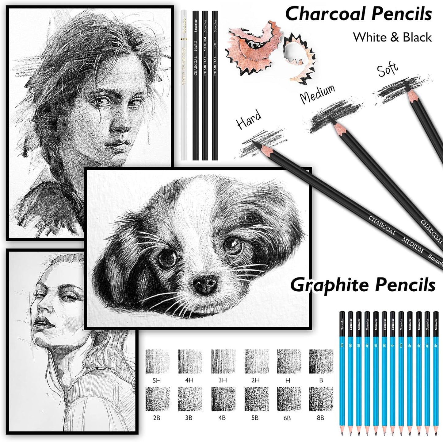 Art Supplies, Soucolor 76 Pack Drawing Set Sketching Kit, Christmas Gifts Box for Adult Kids Teen Girls: 3-Color SketchBook, Watercolor Pad, Coloring Book, Charcoal Colored Watercolor Metallic Pencils