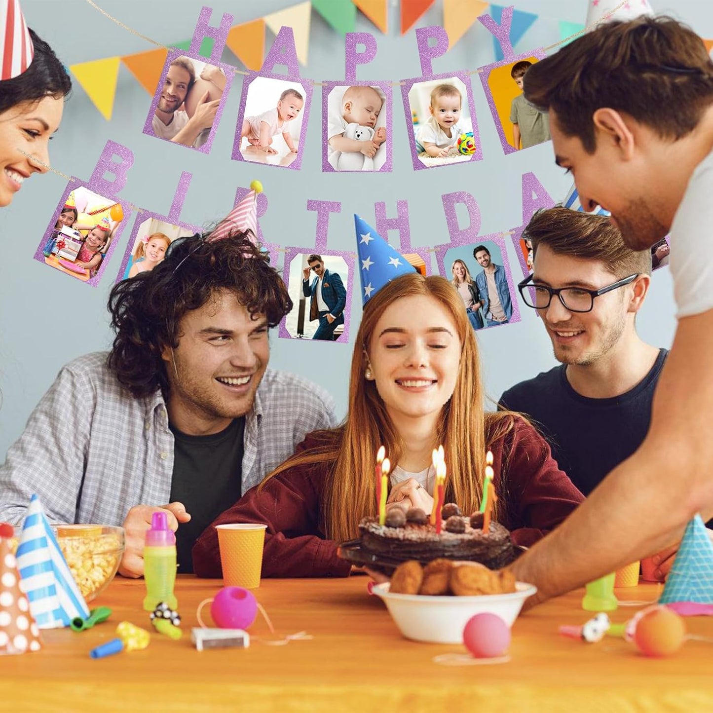 Birthday Photo Banner, Suitable for Kids and Adults Birthday Party Decoration, Annual Milestone Pink Happy Birthday Banner (pink)