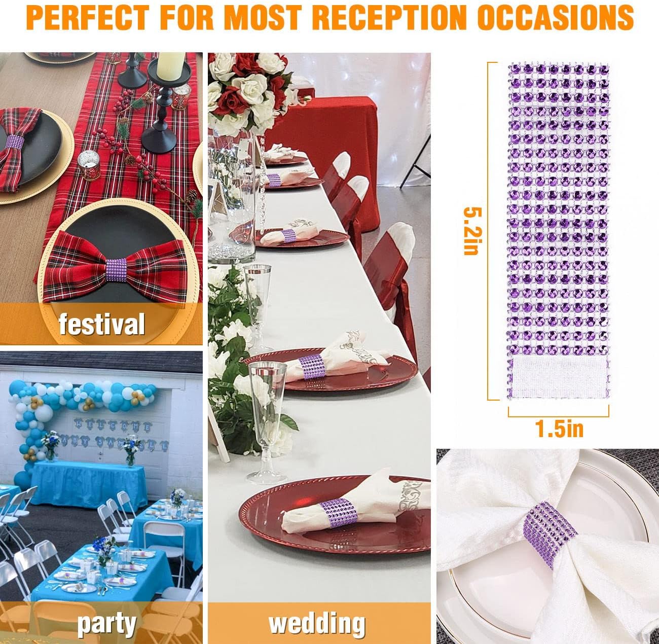 Purple Napkin Rings Holder Set of 150pcs,Crystal Diamond Bling Napkin Rings Adornment for Wedding Reception, Dinner, Place Settings, Holiday Parties or DIY Decoration (150,Purple)