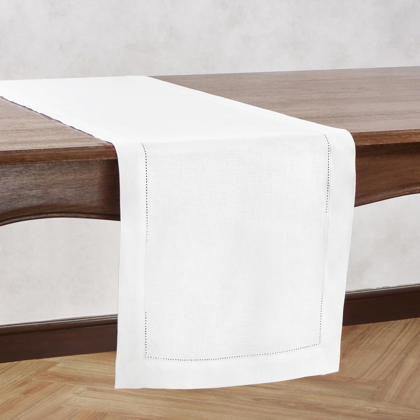 Linen Table Runner 14 x 120 Inch Long - 100% Pure Linen Christmas White Table Runner - Cloth Fabric Hemstitch Runner for Thanksgiving, Christmas, Winter, New Year - Elara