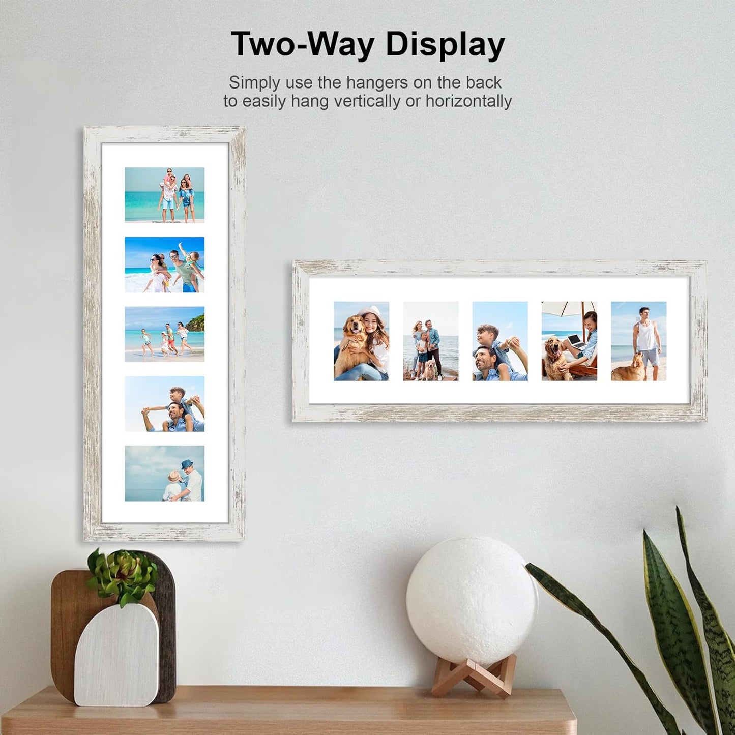 8x24 Picture Frame 2 Pack, Distressed White Wood Frame with Tempered Glass, Display Pictures Multiple Five 4x6 With Mat or 8 x 24 Without Mat - Horizontal or Vertical Wall Mounting