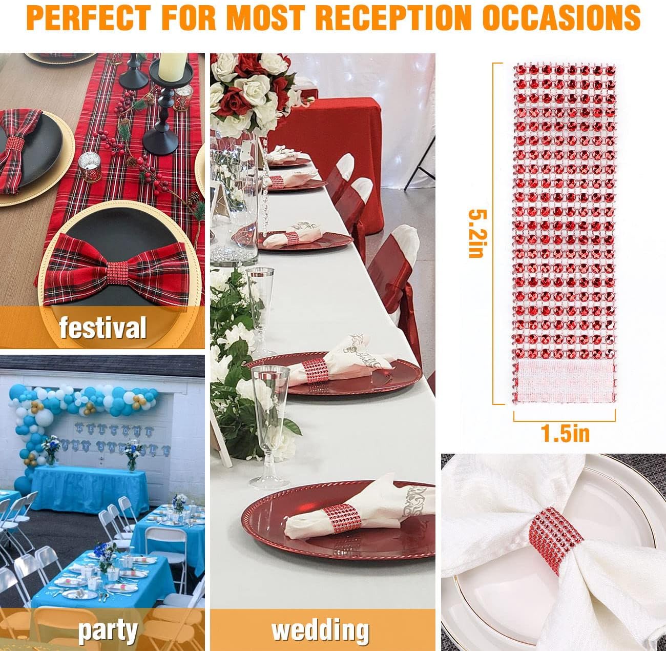 Red Napking Rings Holder Set of 150pcs,Diamond Crystal Napkin Rings Bulk Adornment for Wedding Reception, Dinner, Place Settings, Holiday Parties or DIY Decoration (150,Red)