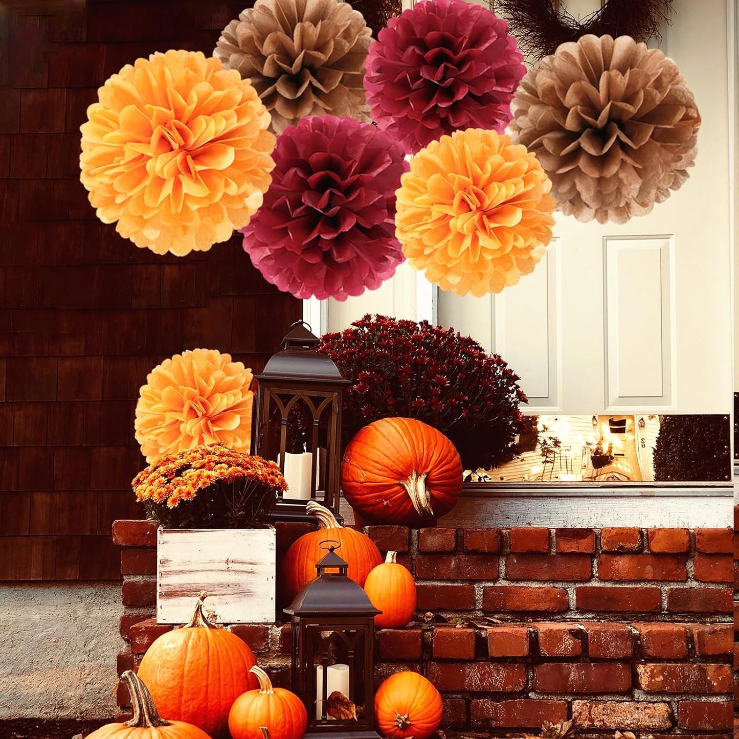 Brown Burgundy Orange Party-Decorations - 23pcs Fall Autumn Thanksgiving Harvest Paper Tissue Pom Poms Streamers,Rustic Boho Wedding Tassel Garland Banner,Birthday Baby Shower Decor Lasting Surprise