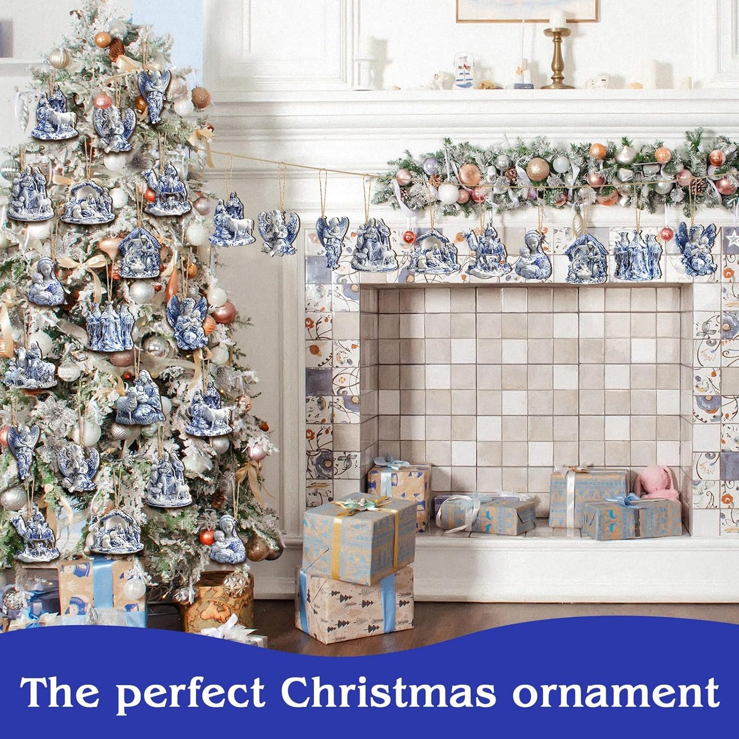 Suzile 36 Pcs Christmas Wooden Ornaments Nativity Scene Tree Decorations Vintage Blue and White Chinoiserie Christian Religion Hanging Decorations for Tree Wreaths Xmas Hanging Wood Cutouts for Home