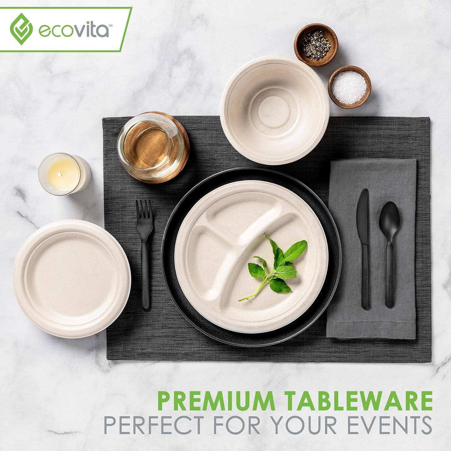 Ecovita 100% Compostable Forks Spoons Knives Cutlery Combo Set - 380 Large Disposable Utensils (7 in.) Eco Friendly Durable and Heat Resistant Alternative to Plastic Silverware with Convenient Tray