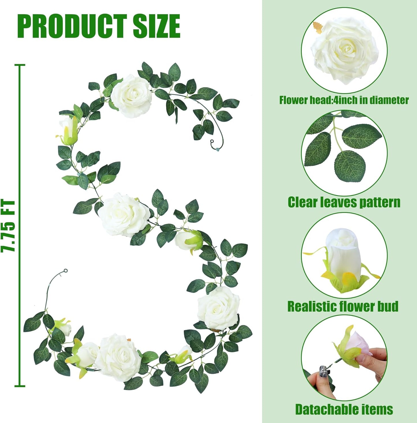 Sggvecsy 2Pcs 15.5Ft Artificial Rose Vine Fake Flower Garland Floral Garland Faux Silk Hanging Vine Rose Ivy Vines for Wedding Arch Party Wall Garden Ceremony Background Outdoor Decor (White)