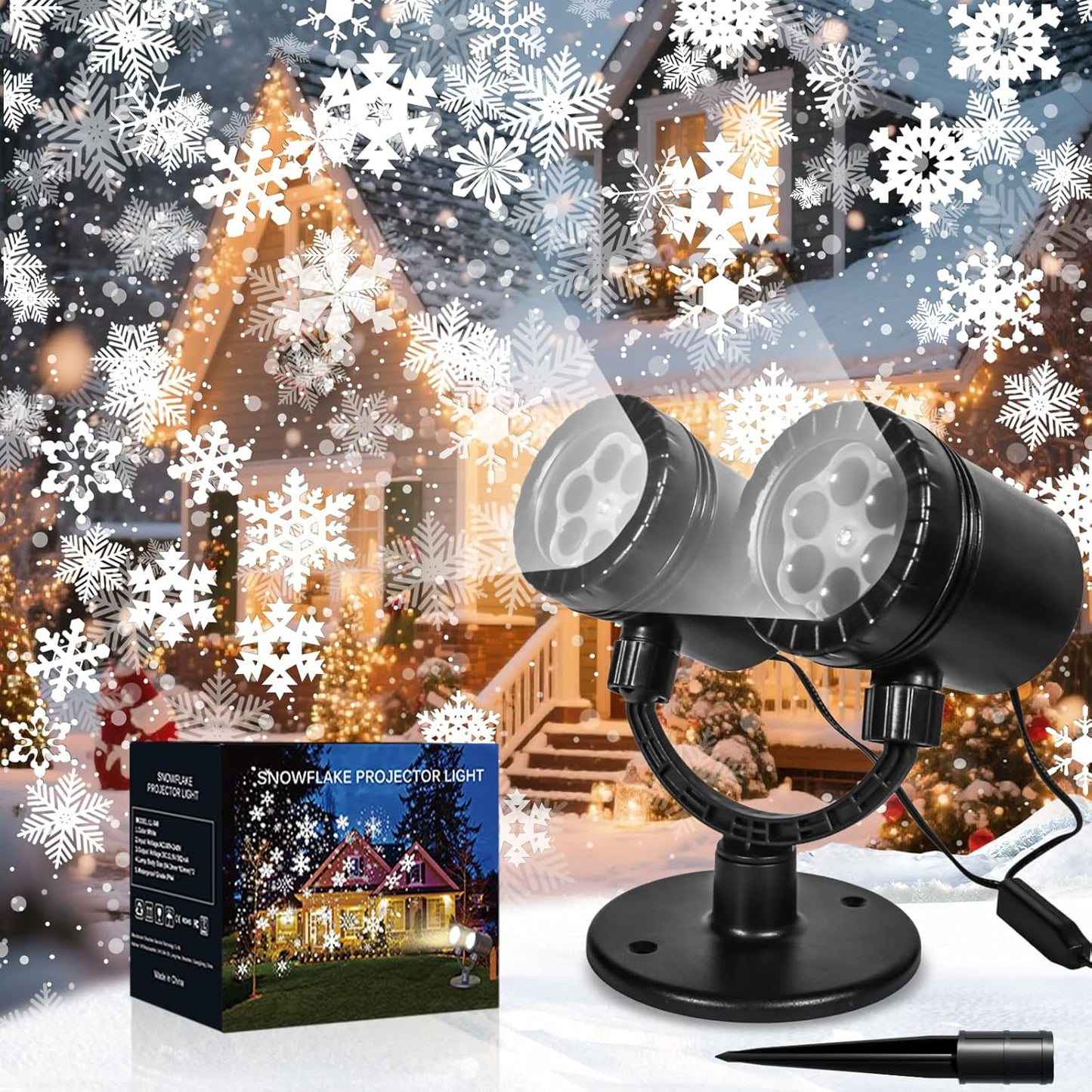 Snowflake Projector Christmas Lights Outdoor, Timer Double Head Projector Snowflake Light Waterproof, LED Rotating Snowfall Lamp for Holiday Party Yard Garden Indoor Christmas Decoration