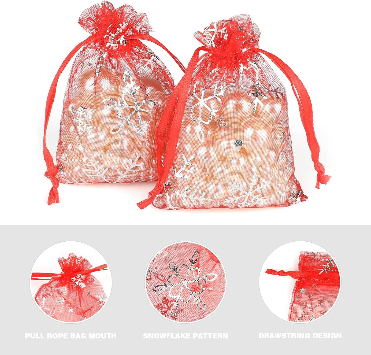 jijAcraft 3x4Inch Christmas Organza Bags - 50Pcs Red Snowflake Gift Bags, Xmas Party Favor Drawstring Mesh Gift Pouches for Winter Gift, Candy, Jewelry Bags