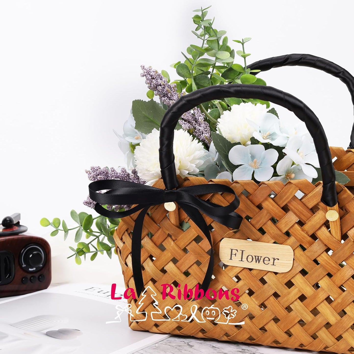 LaRibbons 3/8 Inch 25 Yard Double Faced Satin Ribbon,Black Small Satin Craft Fabric Ribbon for Gift Wrapping Floral Bouquets Wedding Party Decoration