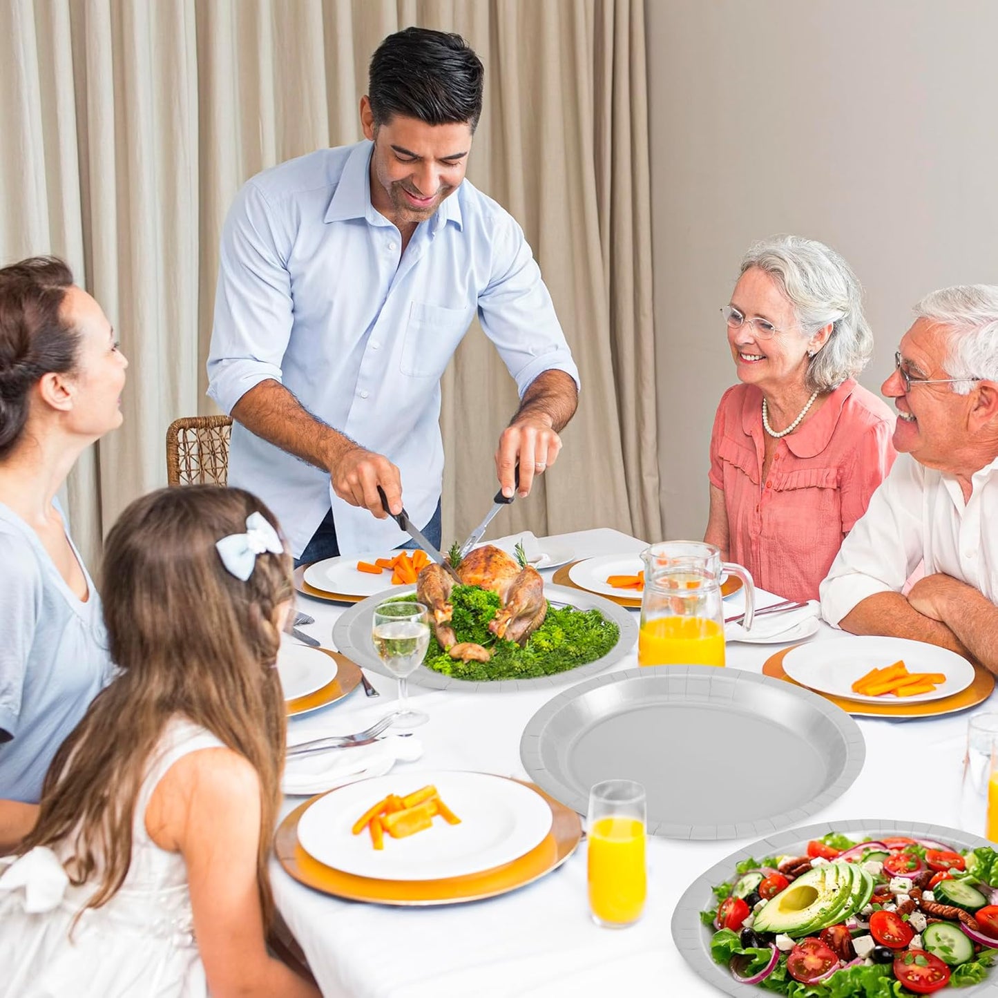 QZYL 50 Count Large Silver Oval Paper Plates, 12.2'' X 10.2'' - Disposable Dinner Plates for Bulk Party Decorations, Wedding, Anniversaries, Graduation, Birthday