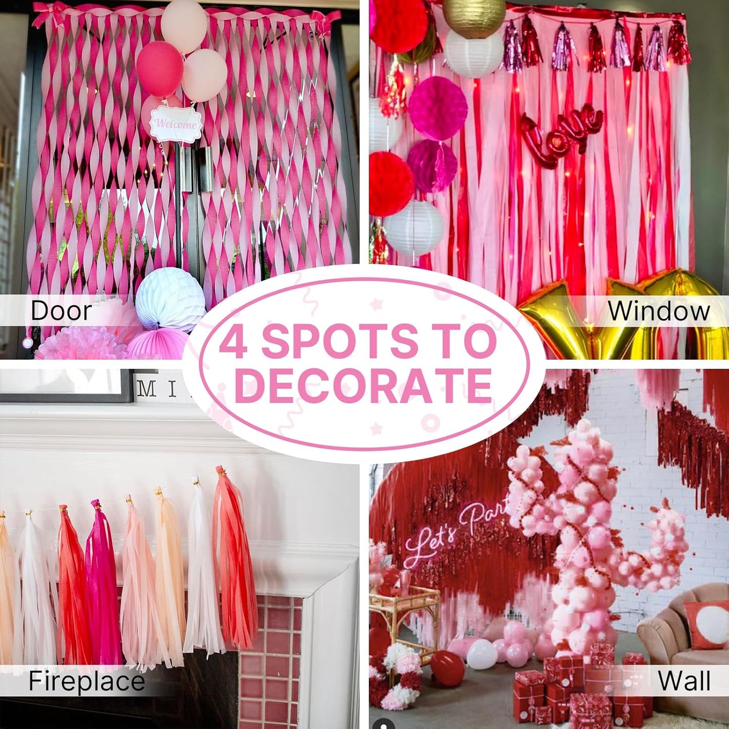 PartyWoo Crepe Paper Streamers 4 Rolls 328ft, Pack of Crepe Paper Pink and Burgundy Streamers Party Decorations, Crepe Paper for Birthday Party Decorations, Wedding Decorations (1.8 in x 82 Ft/Roll)