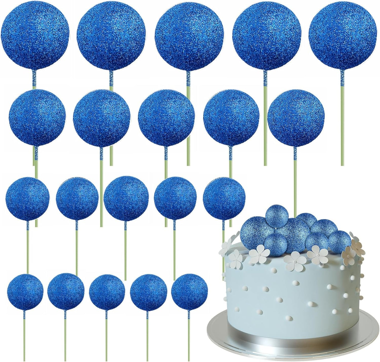 ASTARON 20 Pcs Ball Cake Topper Decorations Mini Cake Balloons Sticks Blue Glitter Cake Topper Balls for Graduation Wedding Birthday Cake Decorations