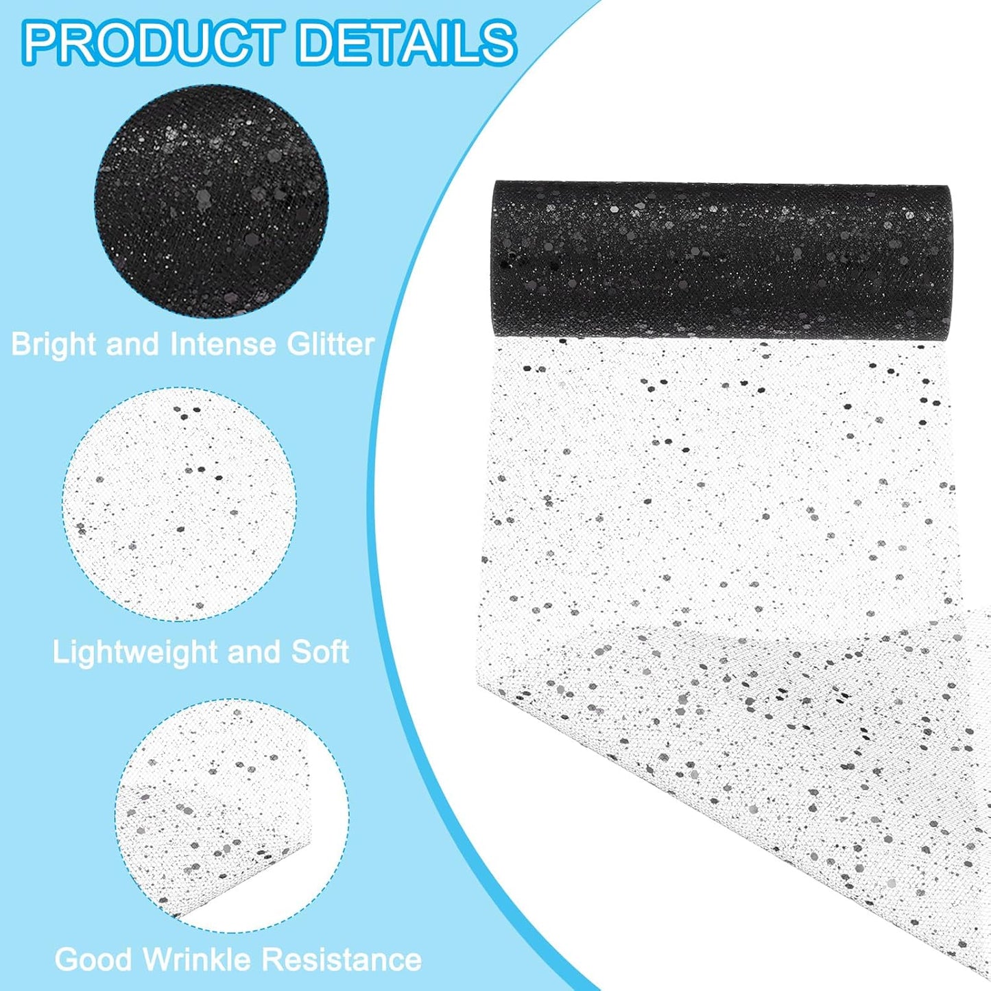 PATIKIL Tulle Fabric Rolls, 6 Inch by 10 Yards Fabric Spool Tulle Sparkling Ribbon Netting Sequin for DIY Tutu Skirts Crafts Wedding Party Decorations, Black