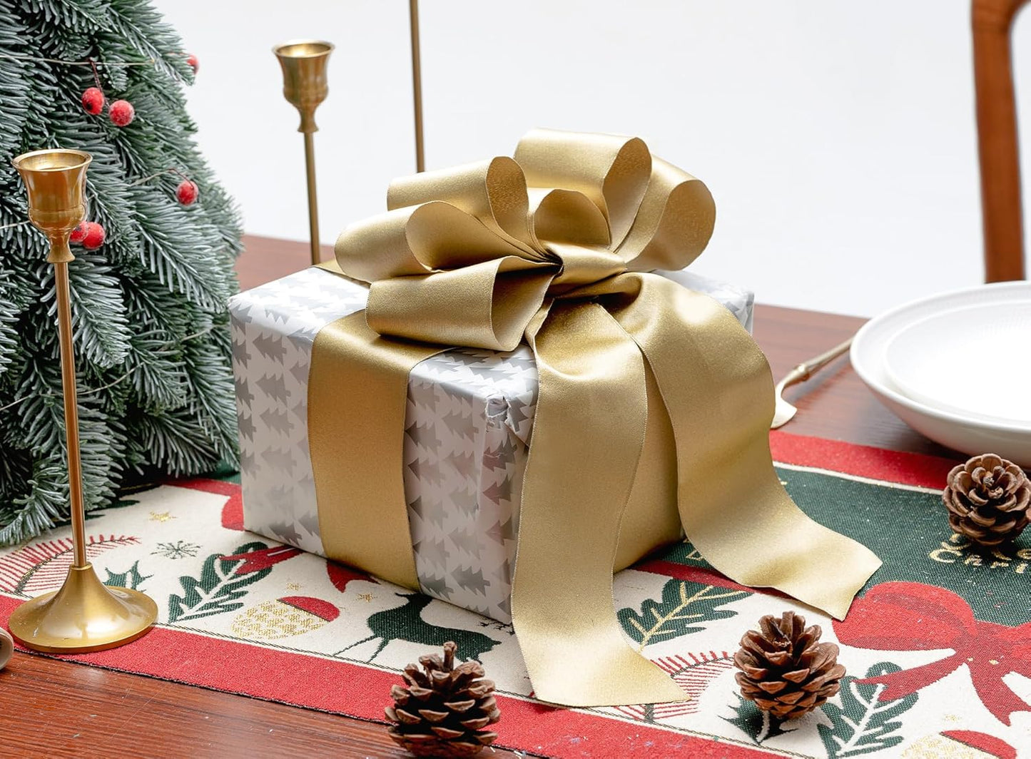 Gold Satin Wired Ribbon 2-1/2 Inch Double-Faced Glitter Ribbons for Wreath, Christmas Tree Decoration, Gift Wrapping, Home Decor 10 Yards