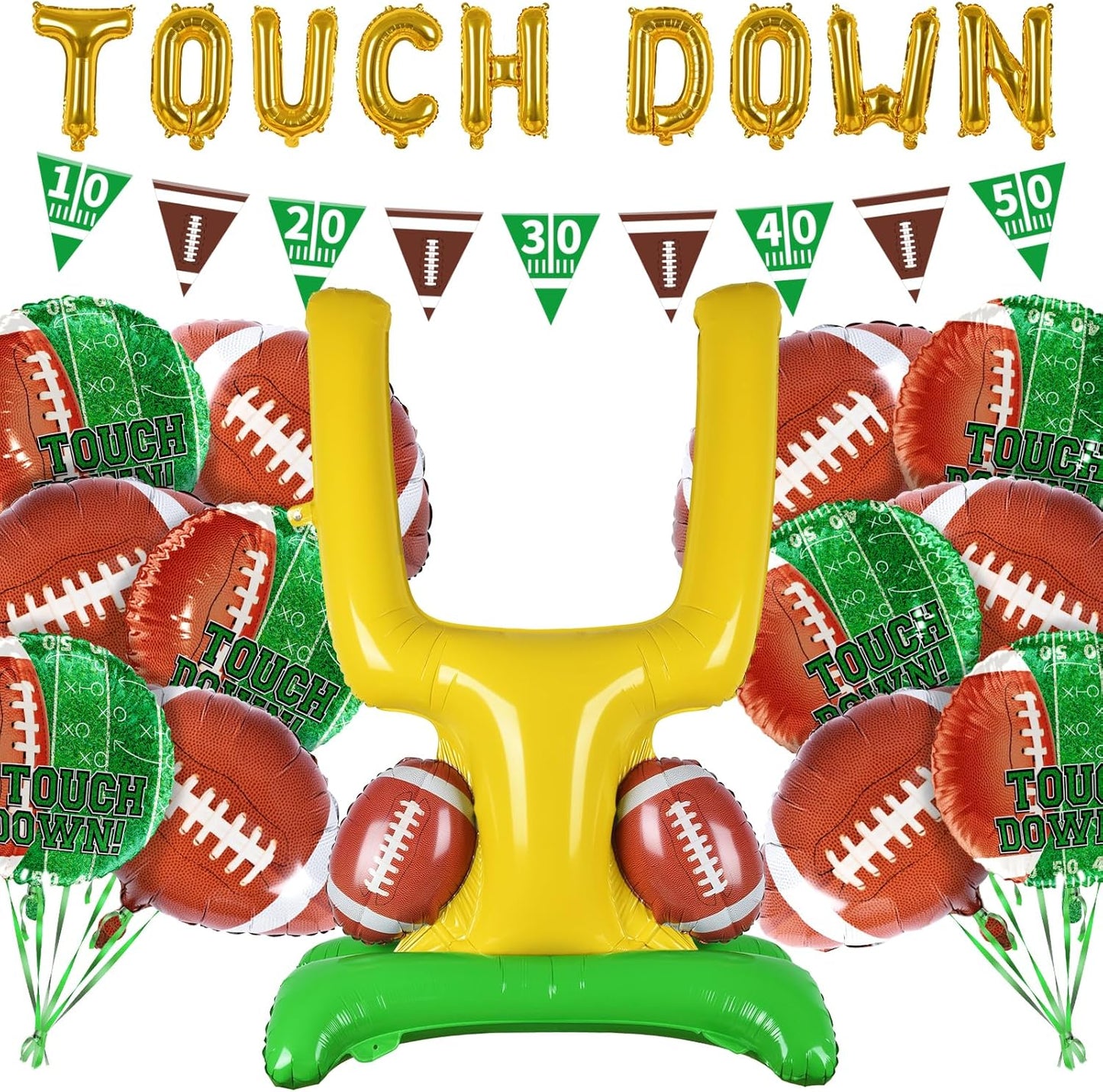 Football Party Supplies Kit - Touchdown Letter Balloon, Goal Post & Football Shaped Foil Balloons, Round 'Touchdown!' Foil Balloons, and Banner for Birthday, Game day, Tailgate Party Decorations