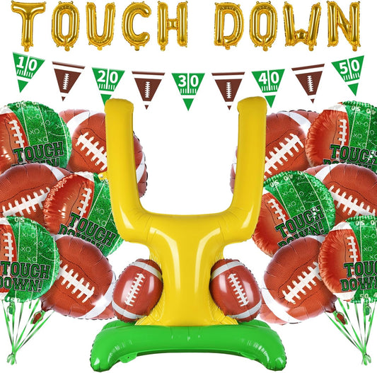 Football Party Supplies Kit - Touchdown Letter Balloon, Goal Post & Football Shaped Foil Balloons, Round 'Touchdown!' Foil Balloons, and Banner for Birthday, Game day, Tailgate Party Decorations