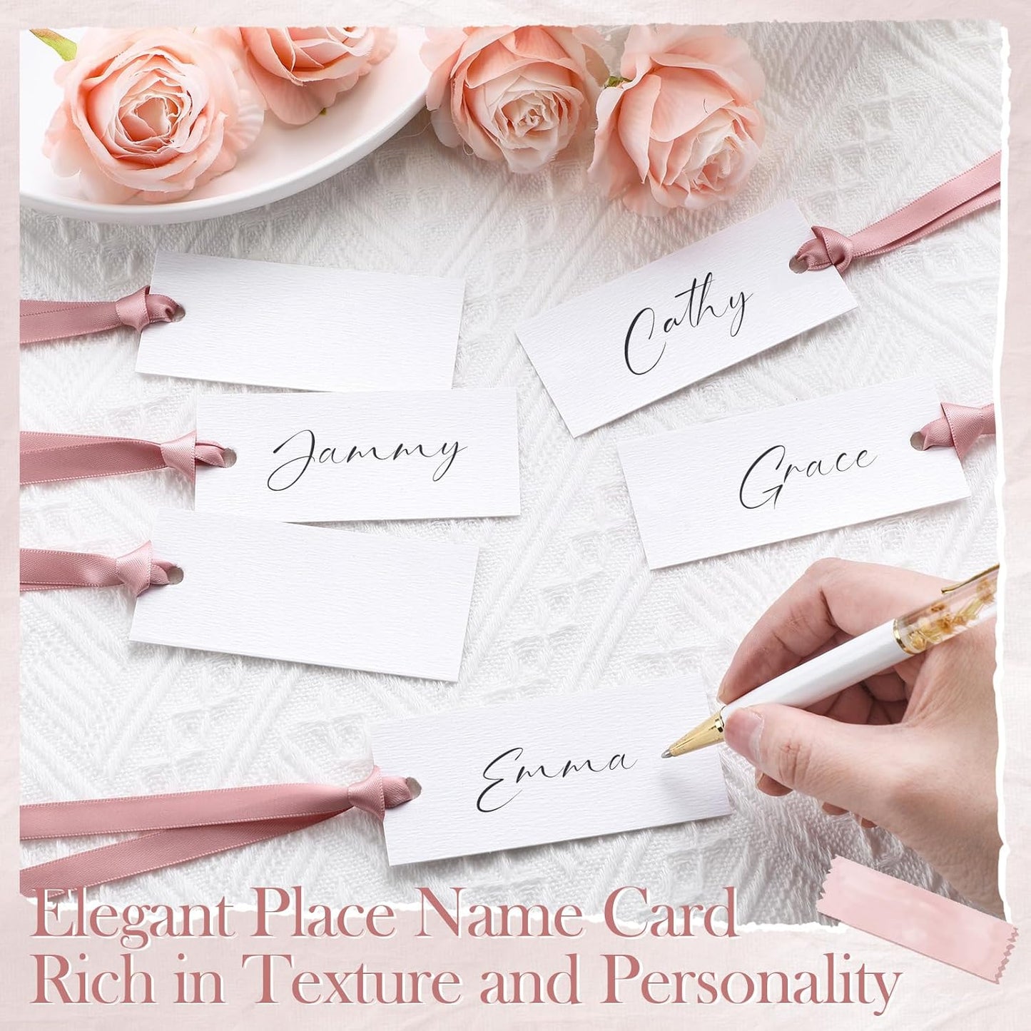 50 Pcs Name Place Cards for Table Setting Blank Wedding Place Cards with Satin Ribbon 1.57 x 3.54 Inch Hanging Gift Tags for Wedding Dinner Banquet Party Table Setting Supplies(Rose Gold)