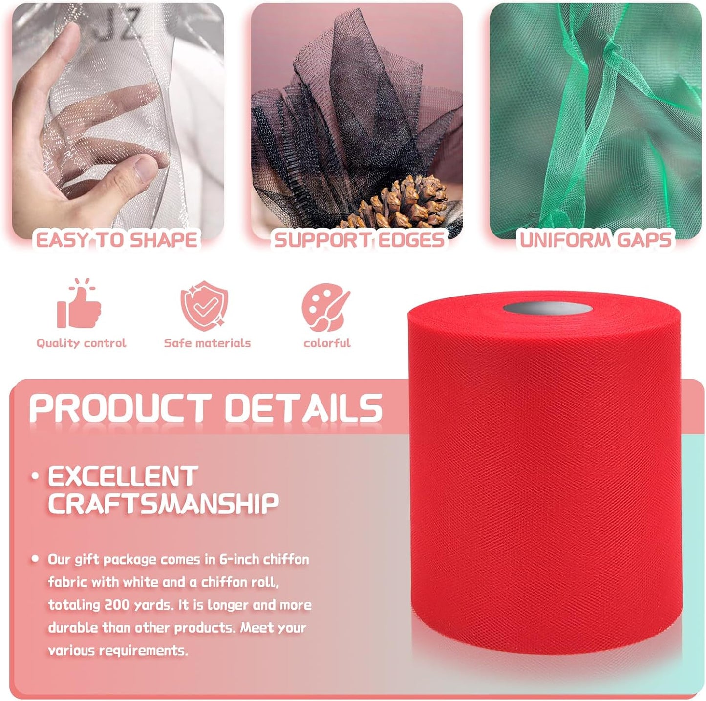 6" x 200 Yards Red Tulle Fabric Rolls, Red Spool Tulle Ribbon for DIY Tutu Skirt Wedding Decoration Baby Shower Birthday Party Backdrop Gift Wrapping Bow Craft Supplies