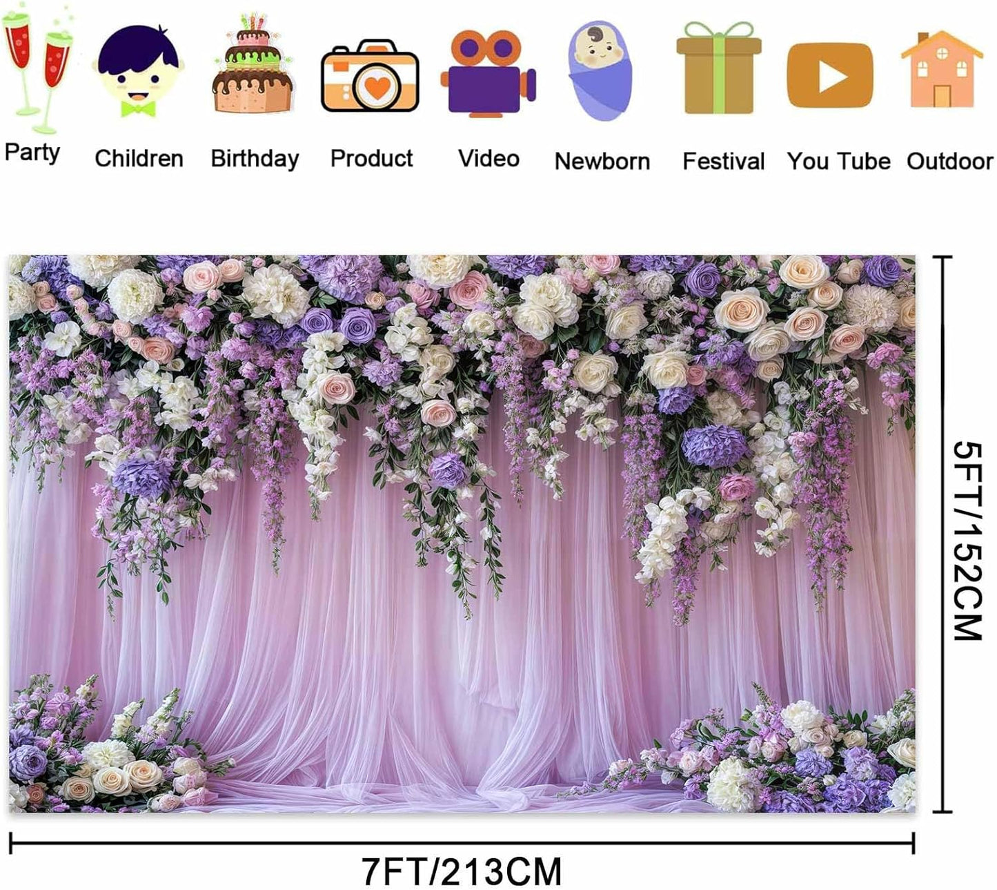 10x8ft Purple Lavender Floral Bridal Backdrop Wedding Flower Photography Backdrop for Girl Portrait Baby Shower Birthday Party Decor Banner Mother's Day Party Wall Backdrop Studio Photo Backgrounds