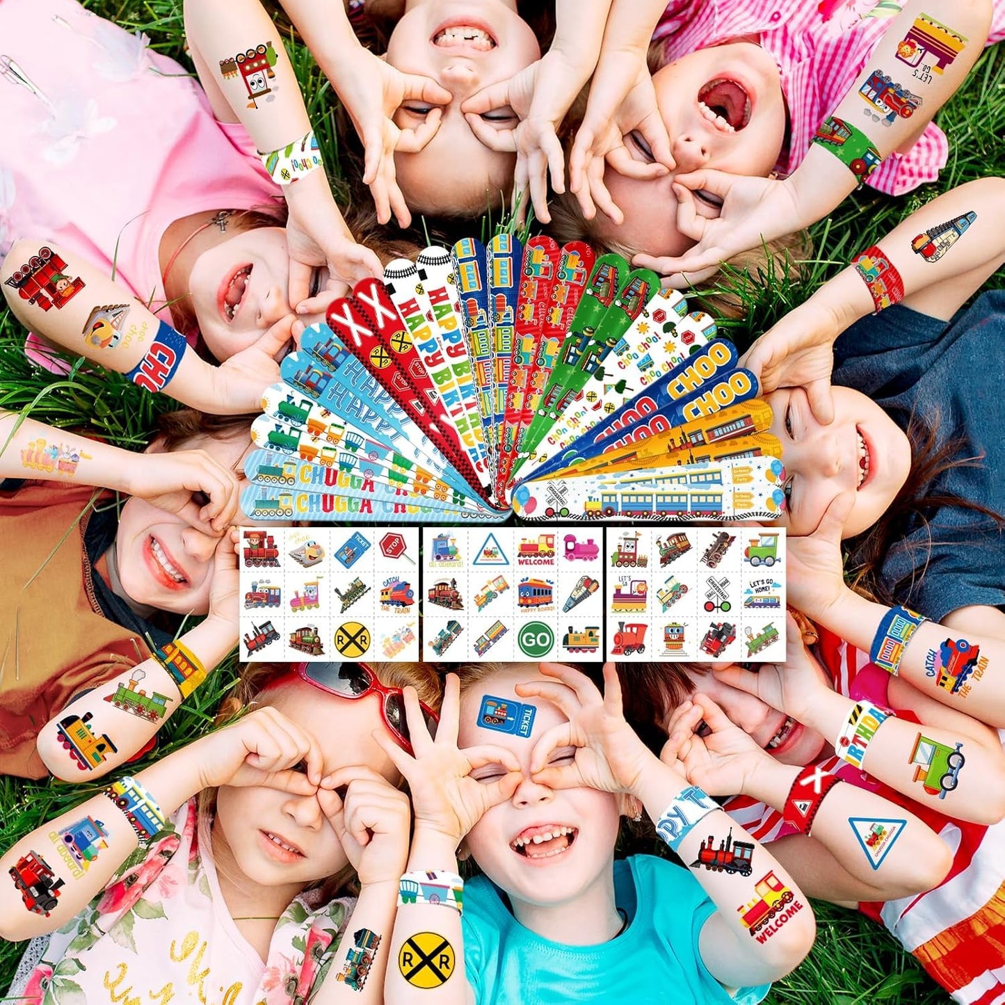 60 PCS Train Party Favors Set - 36 Temporary Tattoos Sticker & 24 Slap Bracelets for Kids, Perfect for Birthday Parties, Classroom Rewards and Gifts