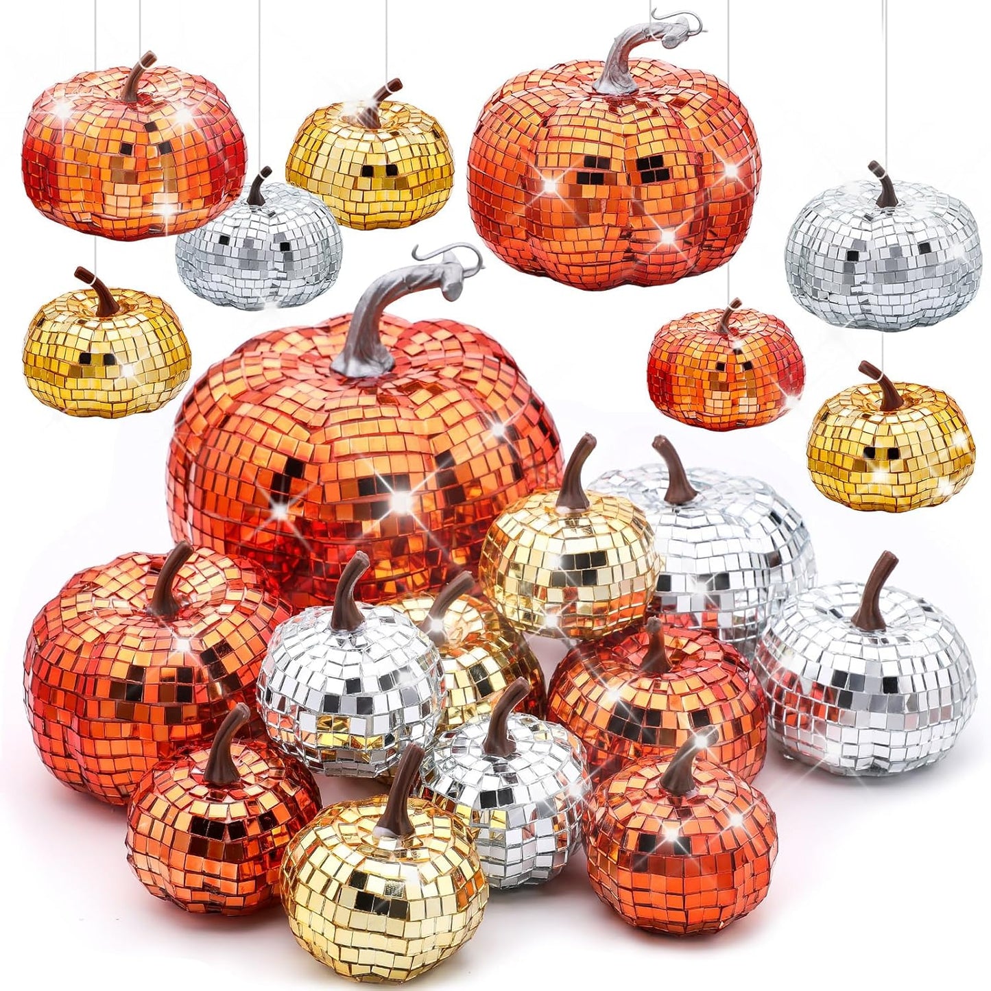 Lenwen 12 Pcs Artificial Disco Pumpkin Glitter Mirror Pumpkin for Decorating Fall Farmhouse Hanging Ornament Harvest Decor for Halloween Thanksgiving Table Centerpiece(Orange, Gold, Sliver)