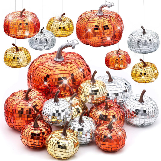 Lenwen 12 Pcs Artificial Disco Pumpkin Glitter Mirror Pumpkin for Decorating Fall Farmhouse Hanging Ornament Harvest Decor for Halloween Thanksgiving Table Centerpiece(Orange, Gold, Sliver)