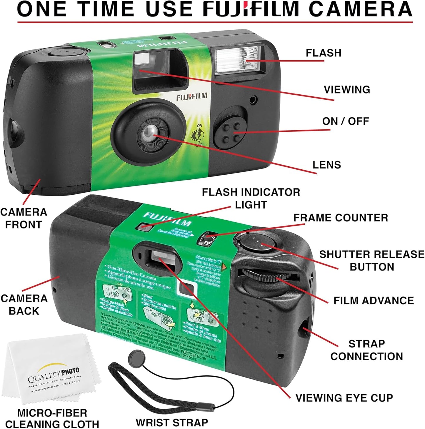 Fujifilm QuickSnap Flash 400 Disposable 35mm Camera + Hand Strap + Quality Photo Microfiber Cloth (6 Pack)