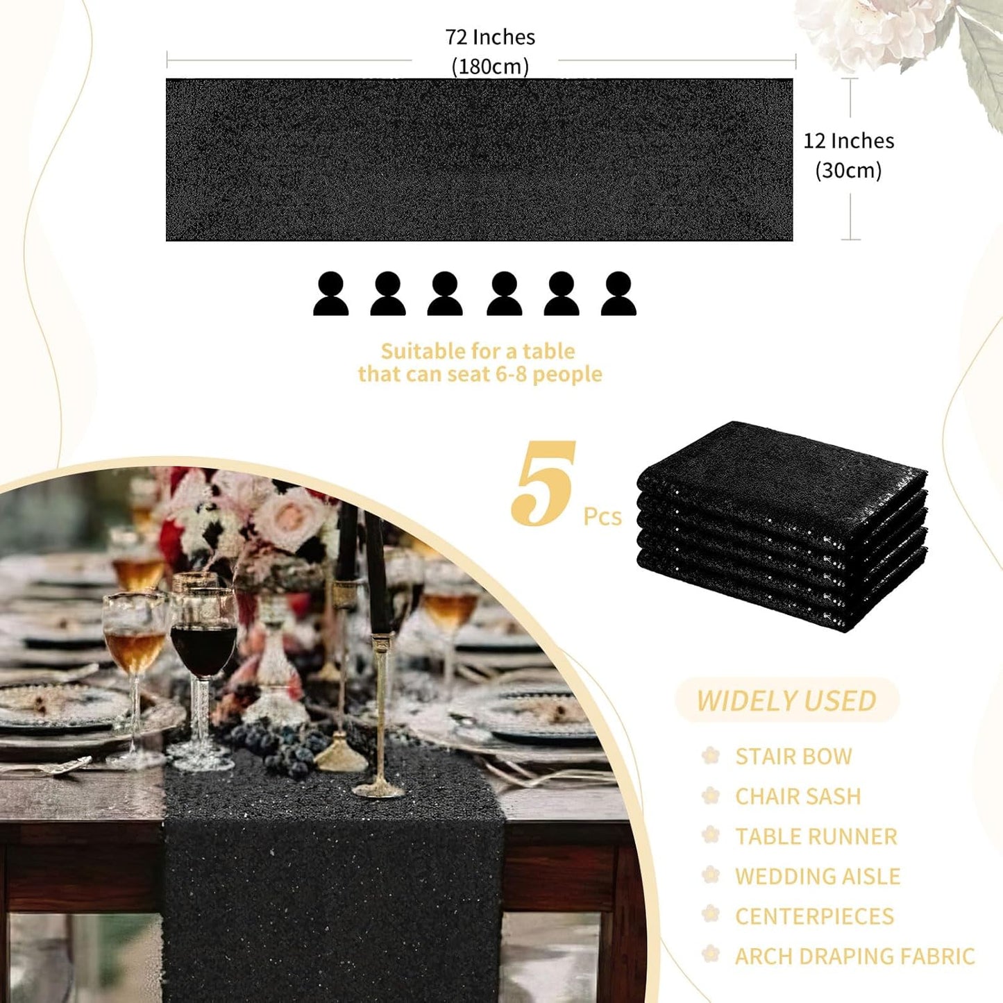 Sequin Table Runners 5 Pieces Black Table Runners 12x72 Inch Glitter Dining Table Cover for Party Wedding Birthday Reception Banquet Decoration Spring Party Chair Sashes