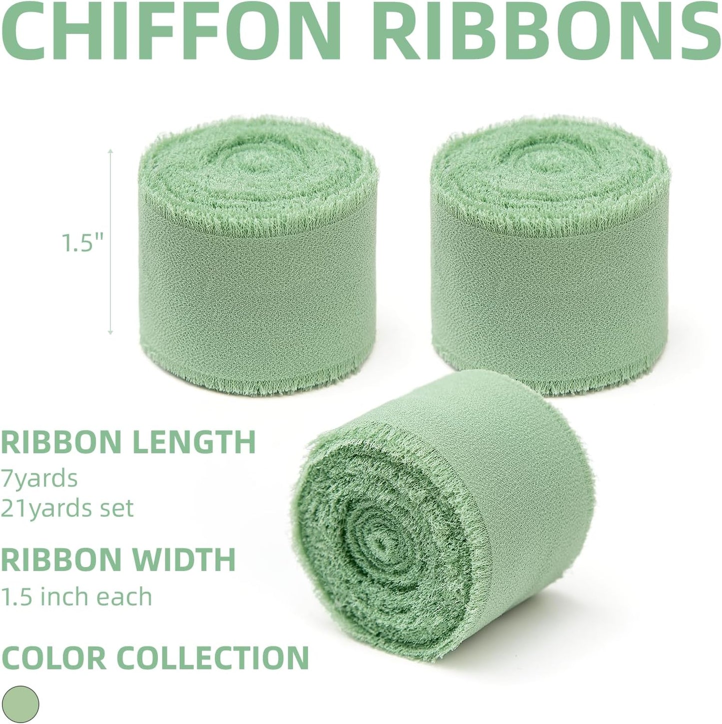 3 Rolls Sage Green Handmade Chiffon Ribbon,1.5" x 21Yd Frayed Fringe Silk Ribbons (3 Rolls *7Yd) for Gifts Wrapping, Wedding Invitations, Bridal Bouquets, Decorations