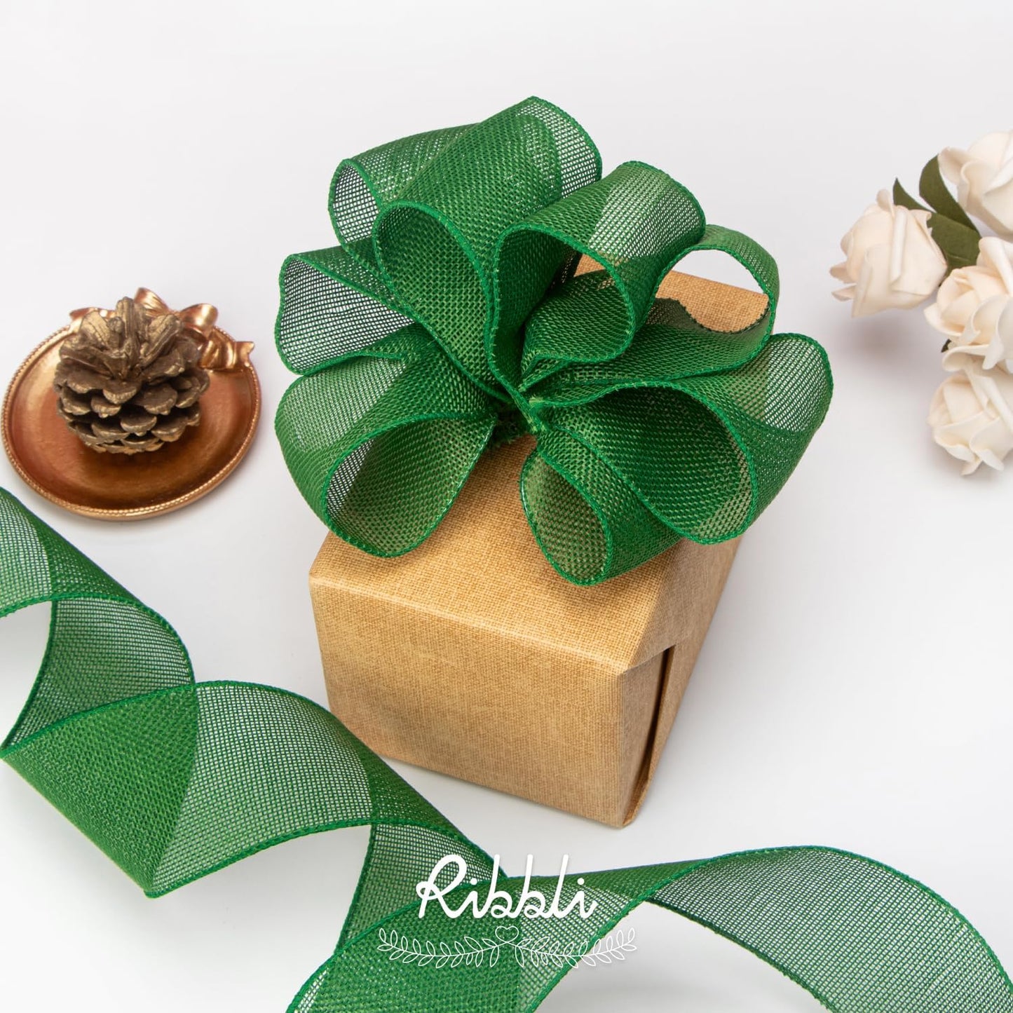 Ribbli Green Burlap Wired Ribbon, 2-1/2” Inch x Continuous 20 Yard, Green Wired Ribbon for Wreaths,Big Bows,Tree Decoration,Outdoor Decoration