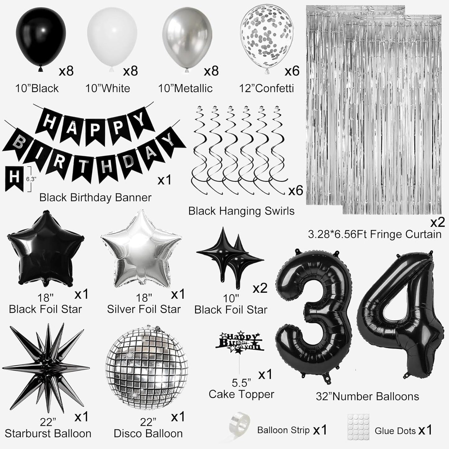 34th Birthday Decorations for Men Women, Black Silver Happy Birthday Party Decorations， 34 Year Old Party Supplies with Number 34 Balloons, Banner, Fringe Curtains Kit