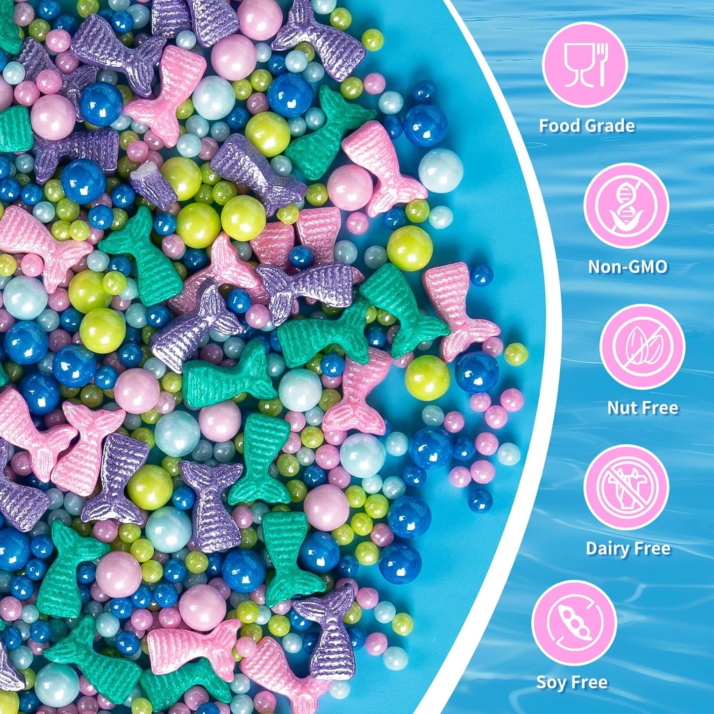 Mermaid Sprinkles, Edible Pearl Sprinkle for Cake Decorating,130g/4.58oz, Blue Green Purple Pearls Mix Baking Candy, Ocean Theme Cake Topper Cupcake Cookie Ice Cream Decorations, Birthday Children's Summer Party Supplies