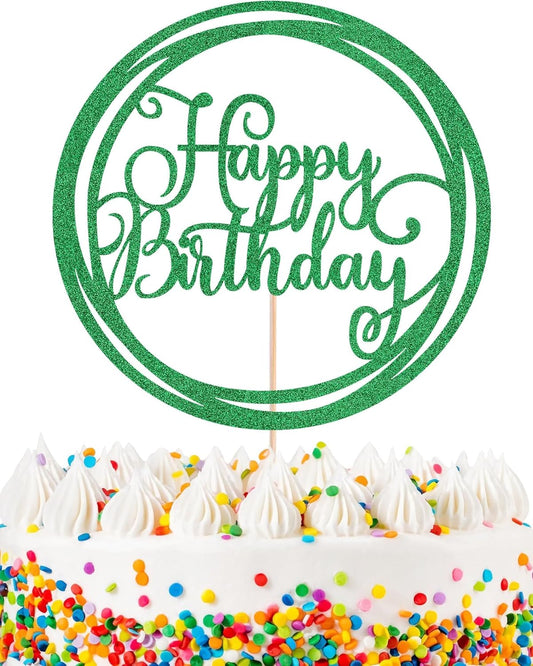 Happy Birthday Cake Topper - Green Glitter Happy Birthday Cake Decoration Supplies for Children or Adults - Happy Birthday Cake Bunting Decor, Photo Booth Props