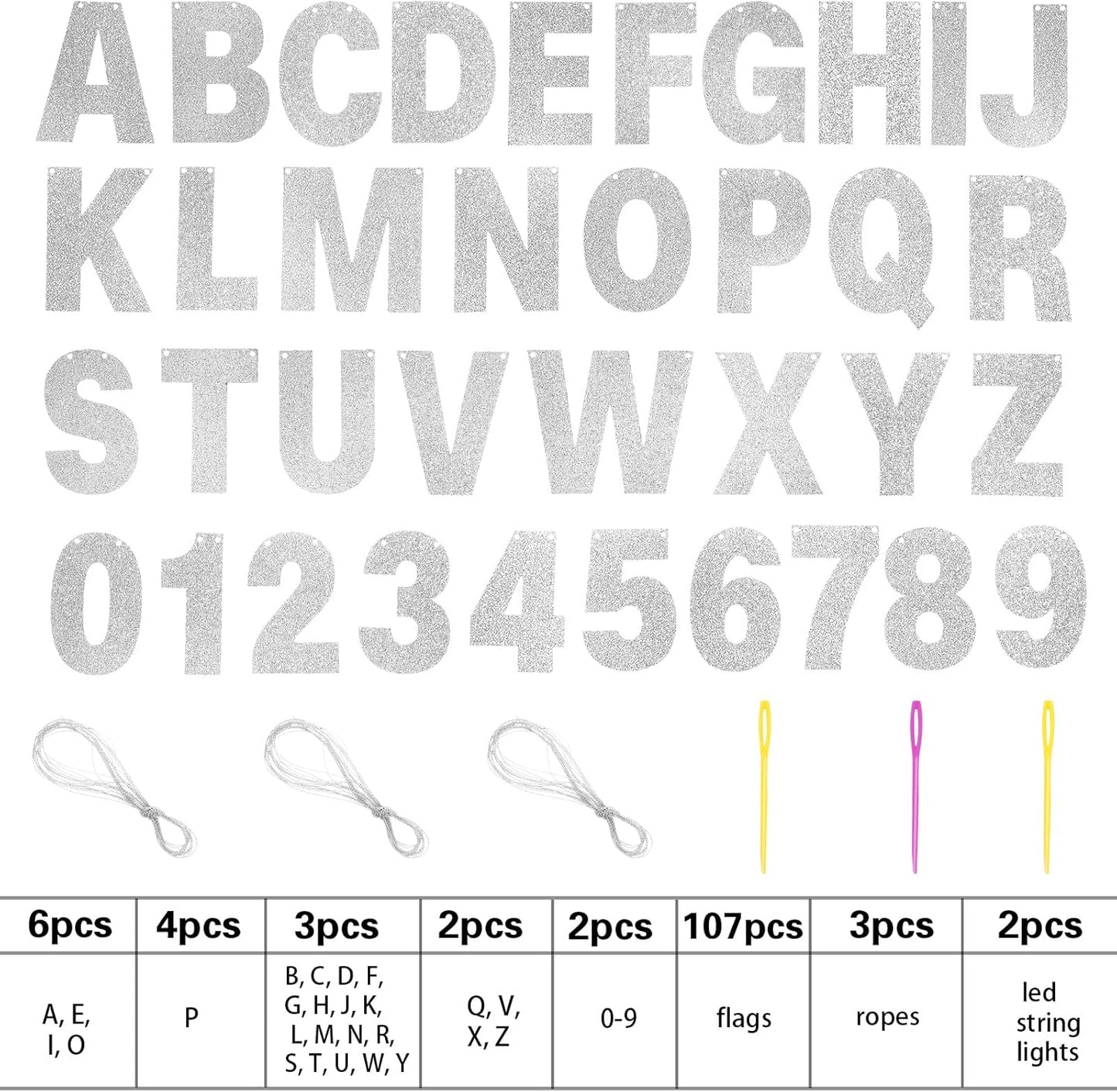 TaoBary 112 Pcs DIY Letter Kit Glitter Customizable Banner Letters Include 107 Letters and Numbers 3 Rope and 2 Needles for Birthday Halloween Christmas Wedding Valentine Party Decor(Silver)