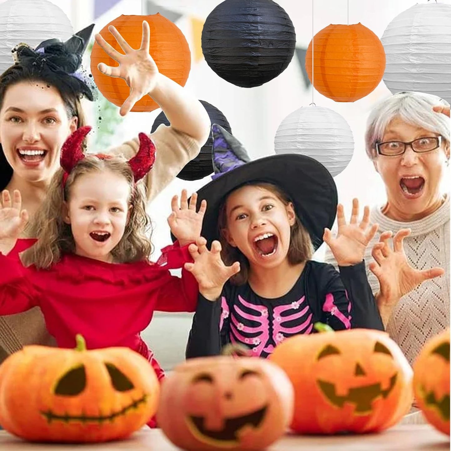 BEISHIDA 12Pcs Orange Black White Paper Lanterns Decorative Chinese/Japanese Hanging Round Paper Lanterns Lamp for Halloween，Birthday, Wedding, Christmas, Bridal,Home Decor, Party Decoration