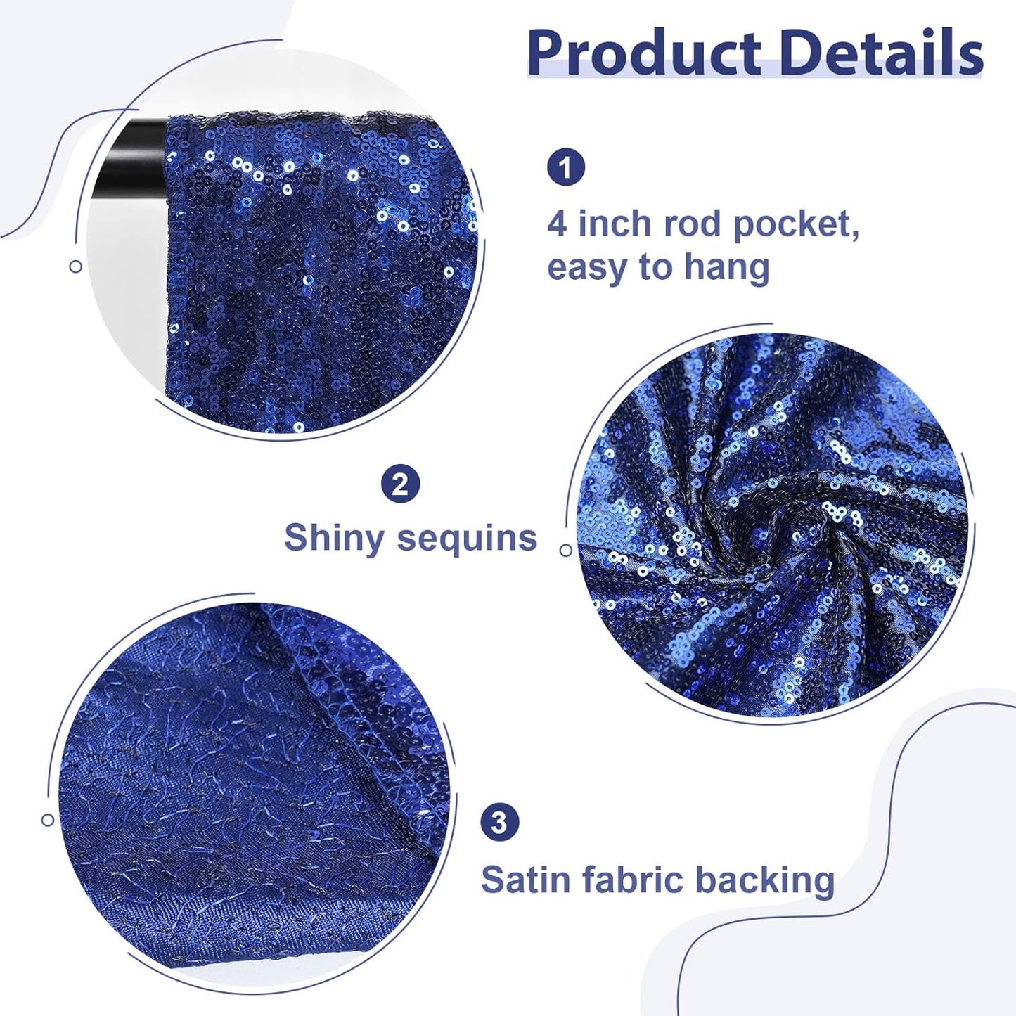 SquarePie Sequin Backdrop Curtain 8FT x 10FT Navy Blue Satin Backing Fabric Photography Background for Wedding Patry 4FT x 10FT 2 Panels