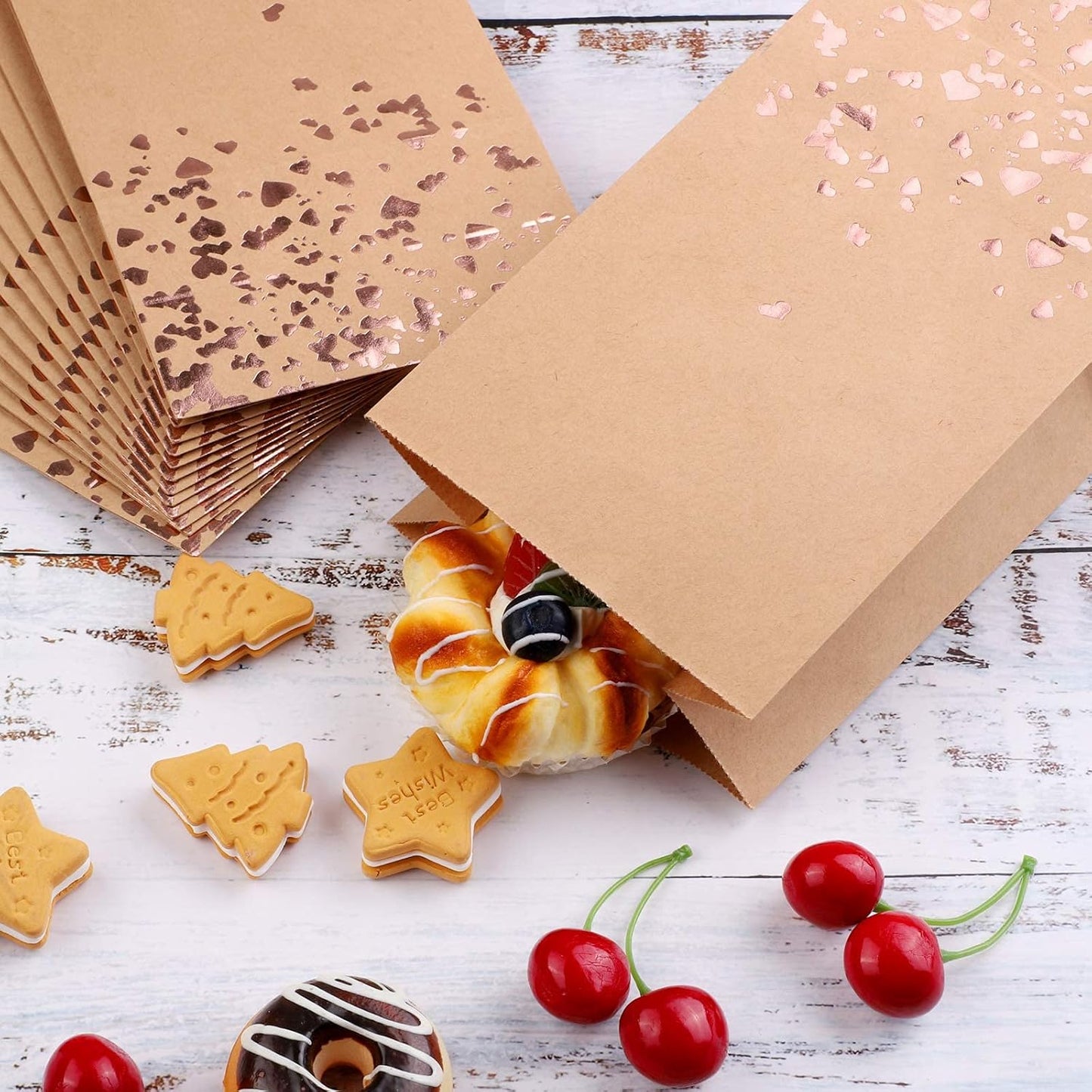 Cooraby 30 Pieces Kraft Paper Bronzing Rose Gold Bags with 48 Stickers Candy Gift Paper Bags for Wedding, Birthday, Tea Party, Gift, and Party Celebrations