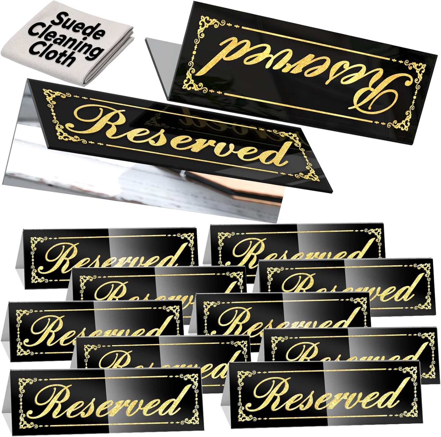 12 Pcs Black Mirrored Reserved Table Signs, 6" x 2" Double Sided Letters, Acrylic Reserved Table Tent Signs with Cleaning Cloth for Wedding Restaurant Ceremony Party Banquet Chairs