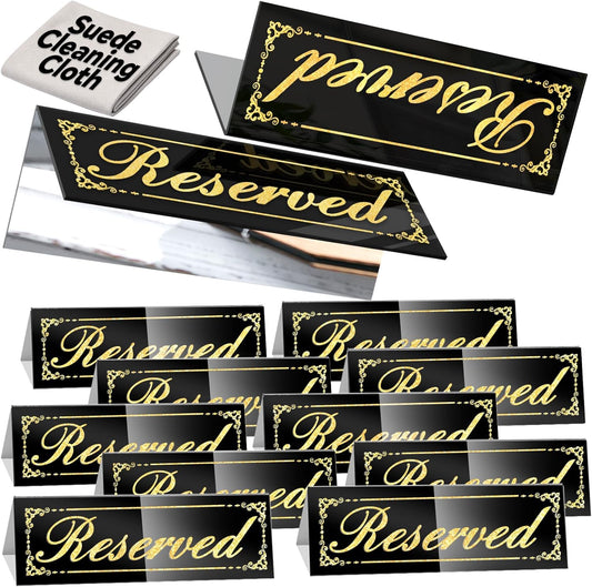 12 Pcs Black Mirrored Reserved Table Signs, 6" x 2" Double Sided Letters, Acrylic Reserved Table Tent Signs with Cleaning Cloth for Wedding Restaurant Ceremony Party Banquet Chairs