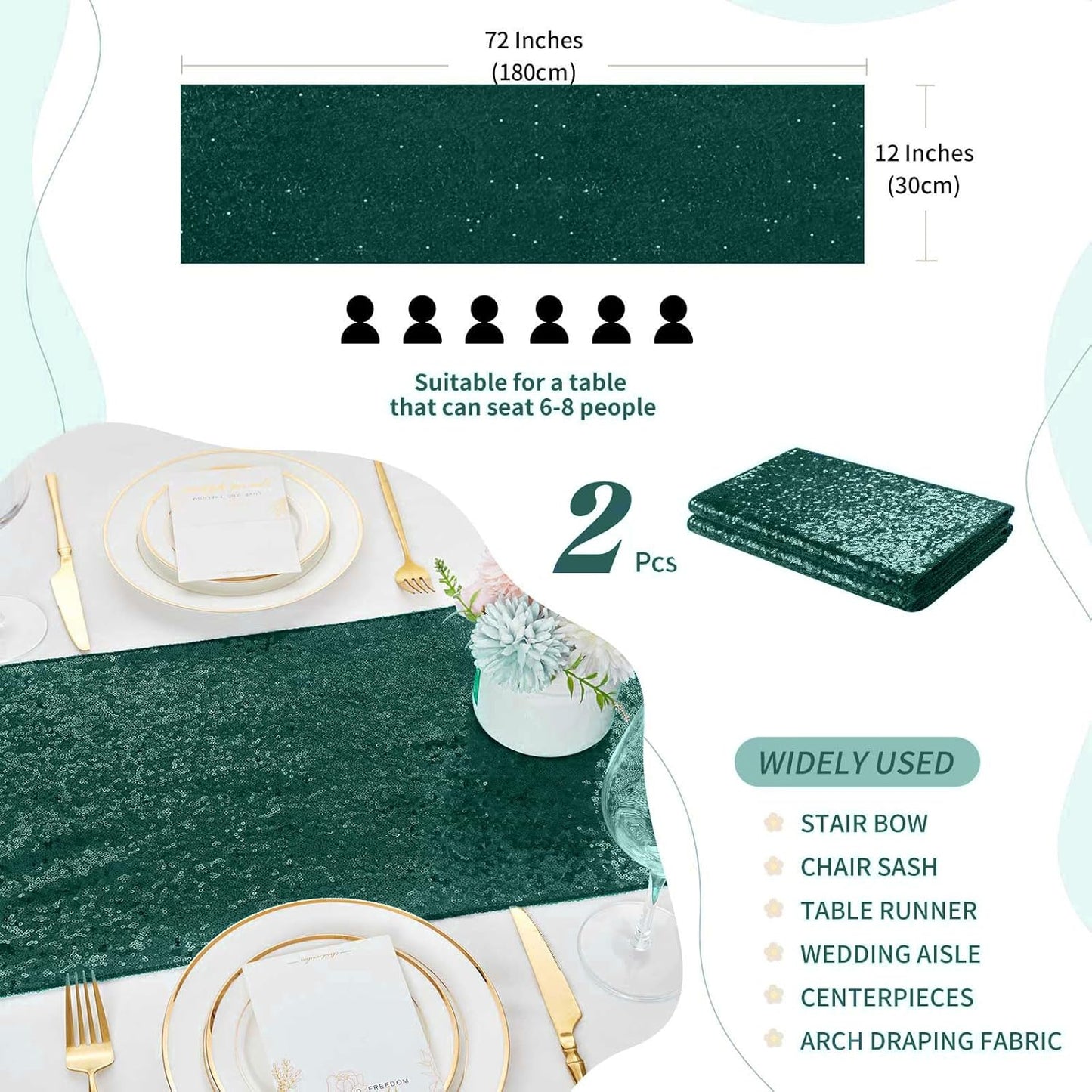 Sequin Table Runners 2 Pieces Emerald Green Table Runners 12x72 Inch Glitter Dining Table Cover for Party Wedding Birthday Reception Banquet Decoration Spring Party Chair Sashes