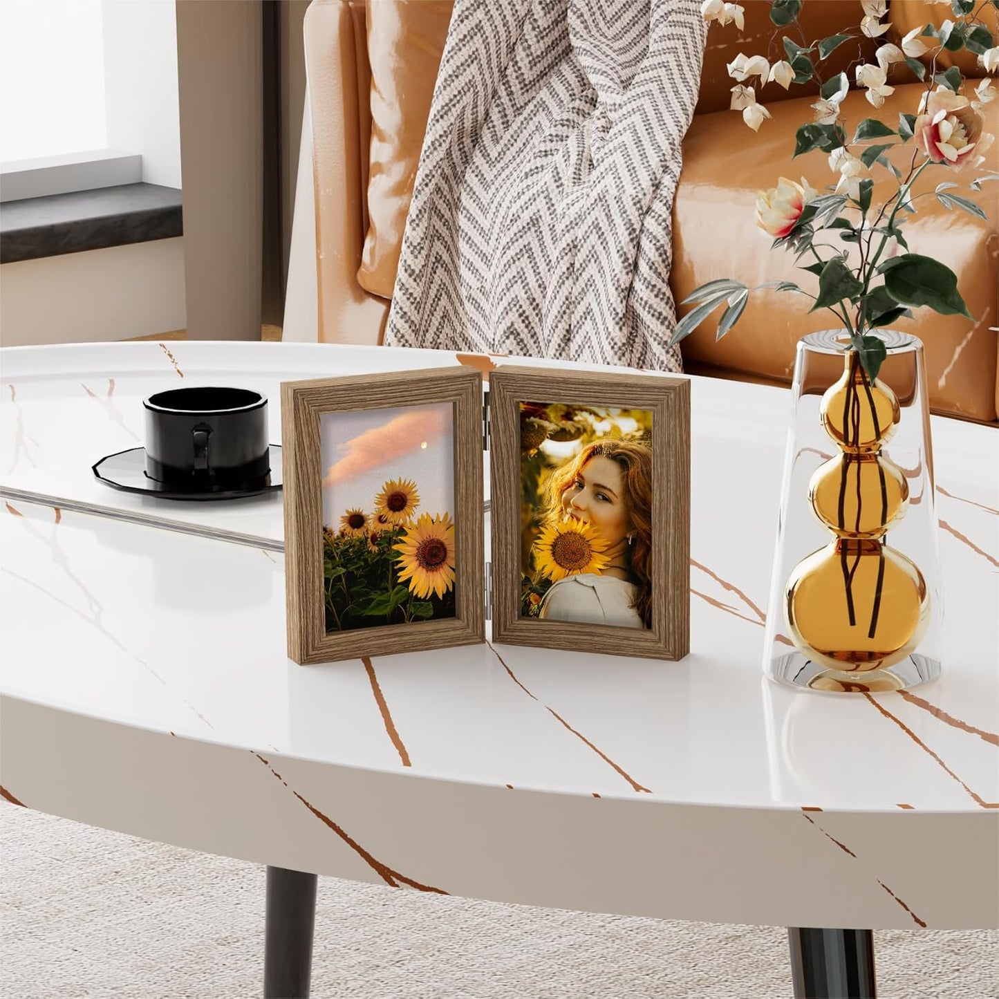 decorUhome Double 4x6 Picture Frame Vertical, Engineered Wood Bifold Photo Frame with Plexiglass for Tabletop Display, 4x6, Oak