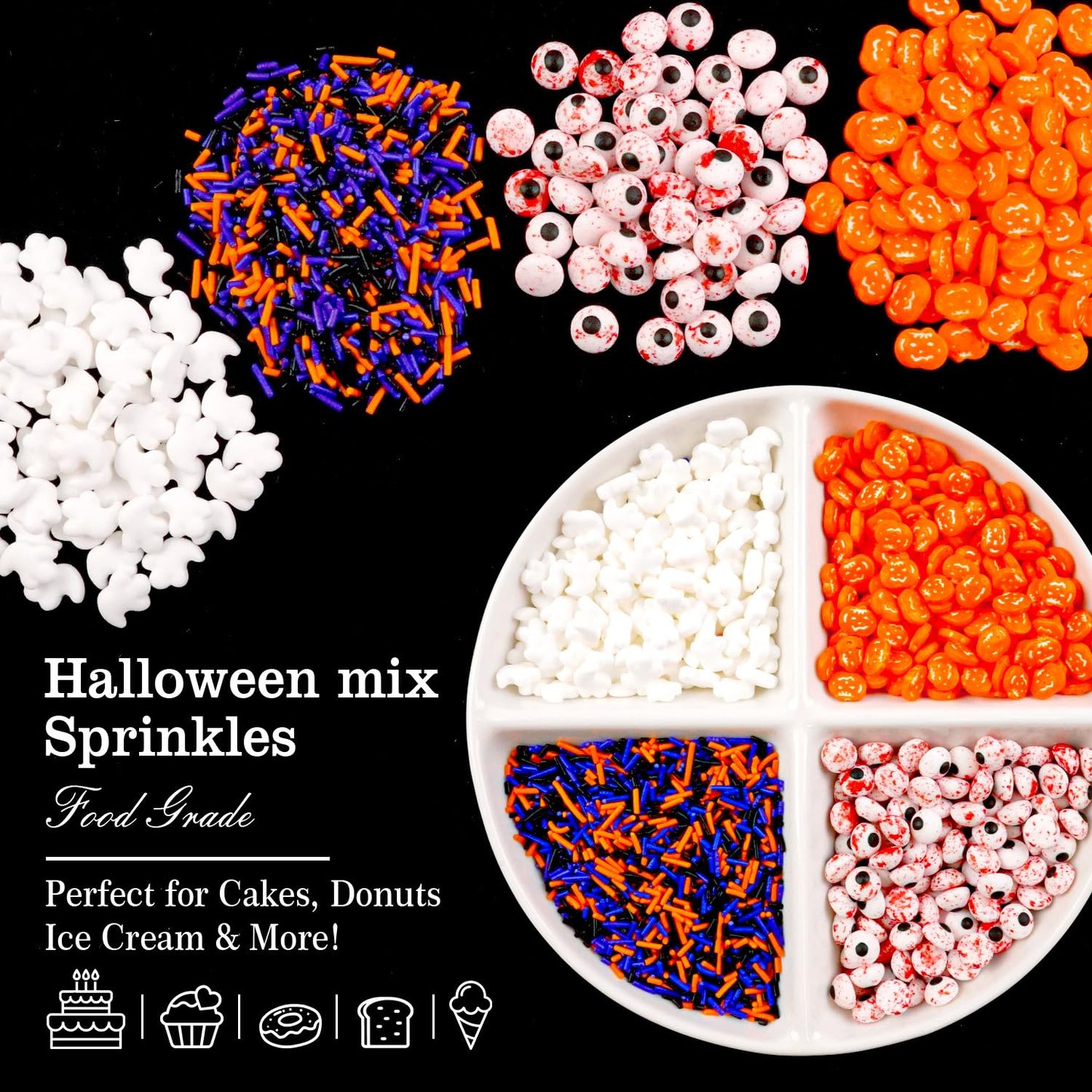 Halloween Sprinkles for Cake Decorating, Edible Candy Eyeballs, Pumpkin Sugar Sprinkles Mix, 160g/5.64oz, Perfect for Cake Decoration, Cupcake Decorations Ice Cream Toppings