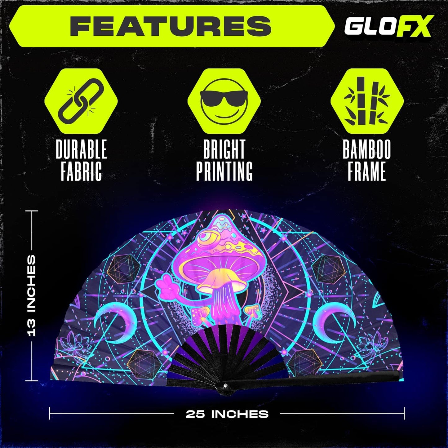 GloFX Rave Fan - UV Mushroom - Large Folding Fan - Music Festival Essential, EDM Rave Accessories, Folding Hand Fan, Clack Fan