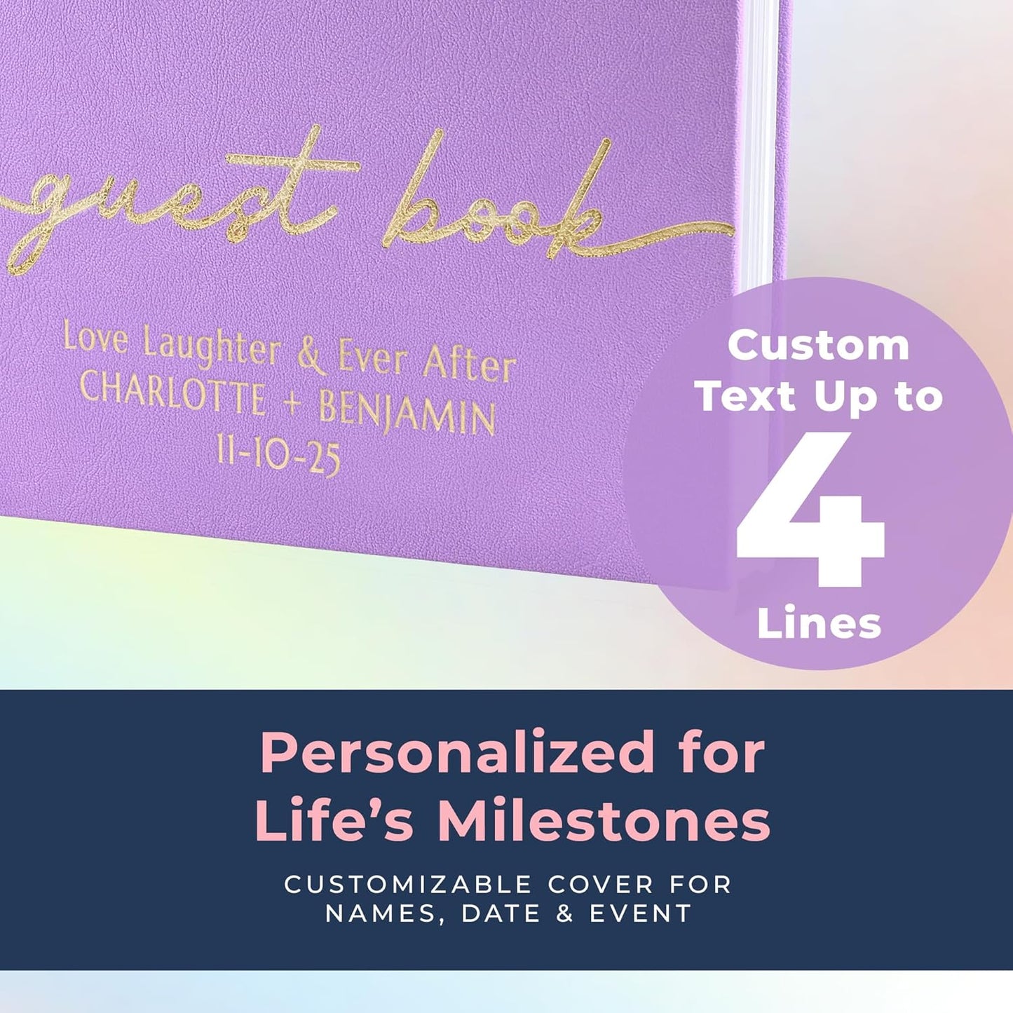 Promot Personalized Guestbook for Party (Lavender Purple) - 110 Lined Pages in Wood-Free Vegan Leather Hard Cover - Wedding Guest Book Sign in and Photos, Baby Shower, Birthday or Graduation