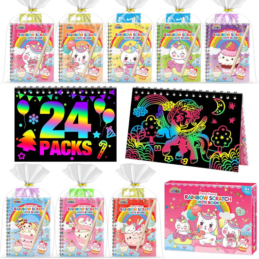 ZMLM Rainbow Scratch Party Favors Kids: Birthday Gifts Toy Bulk Scratch Art Notebook 24 Pack Birthday Goodie Bags Stuffers Girls Boys Art Craft Pad Classroom Prizes School Teacher Supplies (Unicorn)