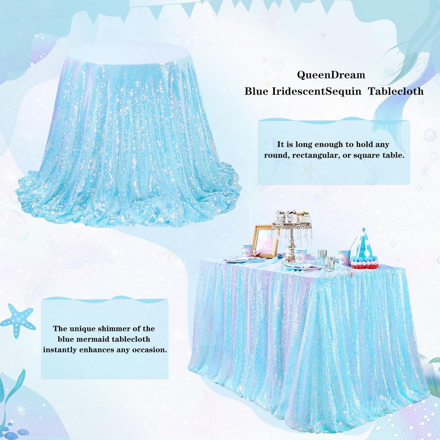 QueenDream Iridescent Tablecloth Blue Sequin Table Cloth Overlay Glitter Mermaid Birthday Party Decorations 90x132 Inches