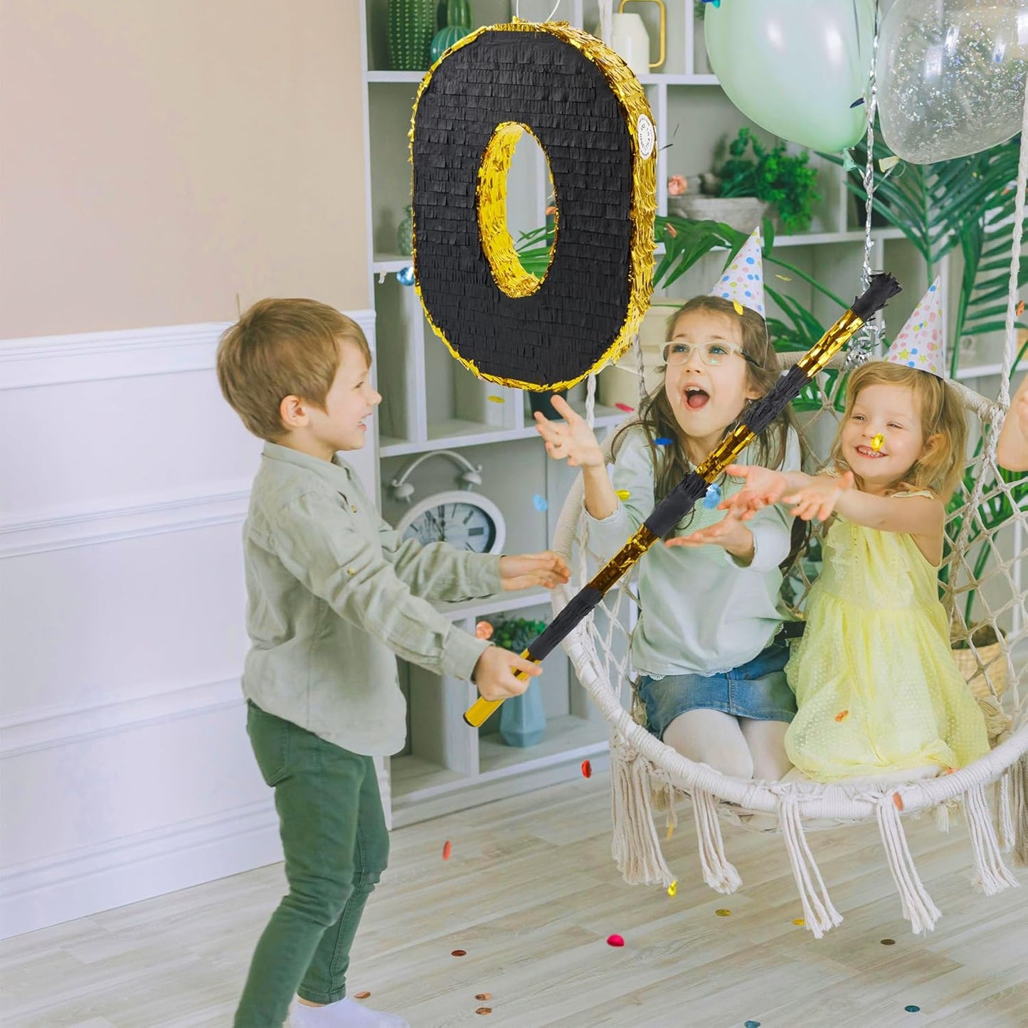 PCFING 20 Inch Number 0 Piñata Gold Black with 30 Inch Piñata Stick Blindfold Confetti for Man Women Boys Girls Birthday Party Decorations, Anniversary Celebration, Fiesta