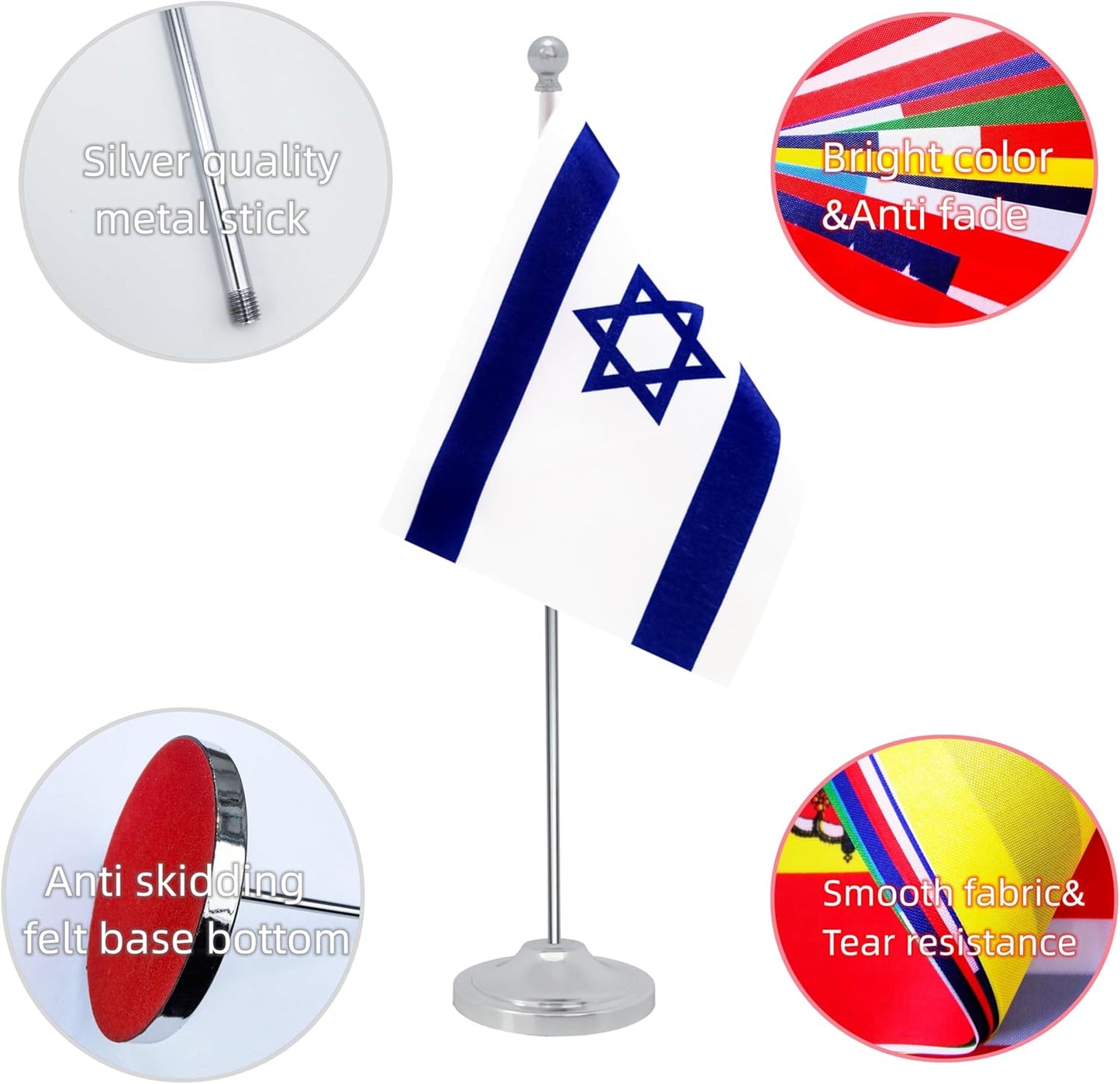 Israel Desk Flag, Israeli Table Office Flag with Metal Pole and Stand Base, International Country Flags, Festival Event Celebration, Classroom Meeting Desktop Decor (Israel)