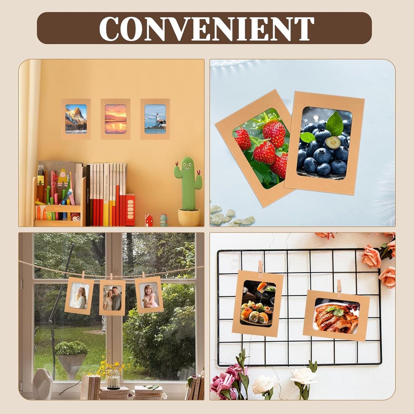 100 Pack Paper Picture Frames, 4x6 Inch Photo Strip Frame Hanging Photo Display Banner, Kraft Photo Holder with Wooden Clips and String for Wall Decor and Party Supplies